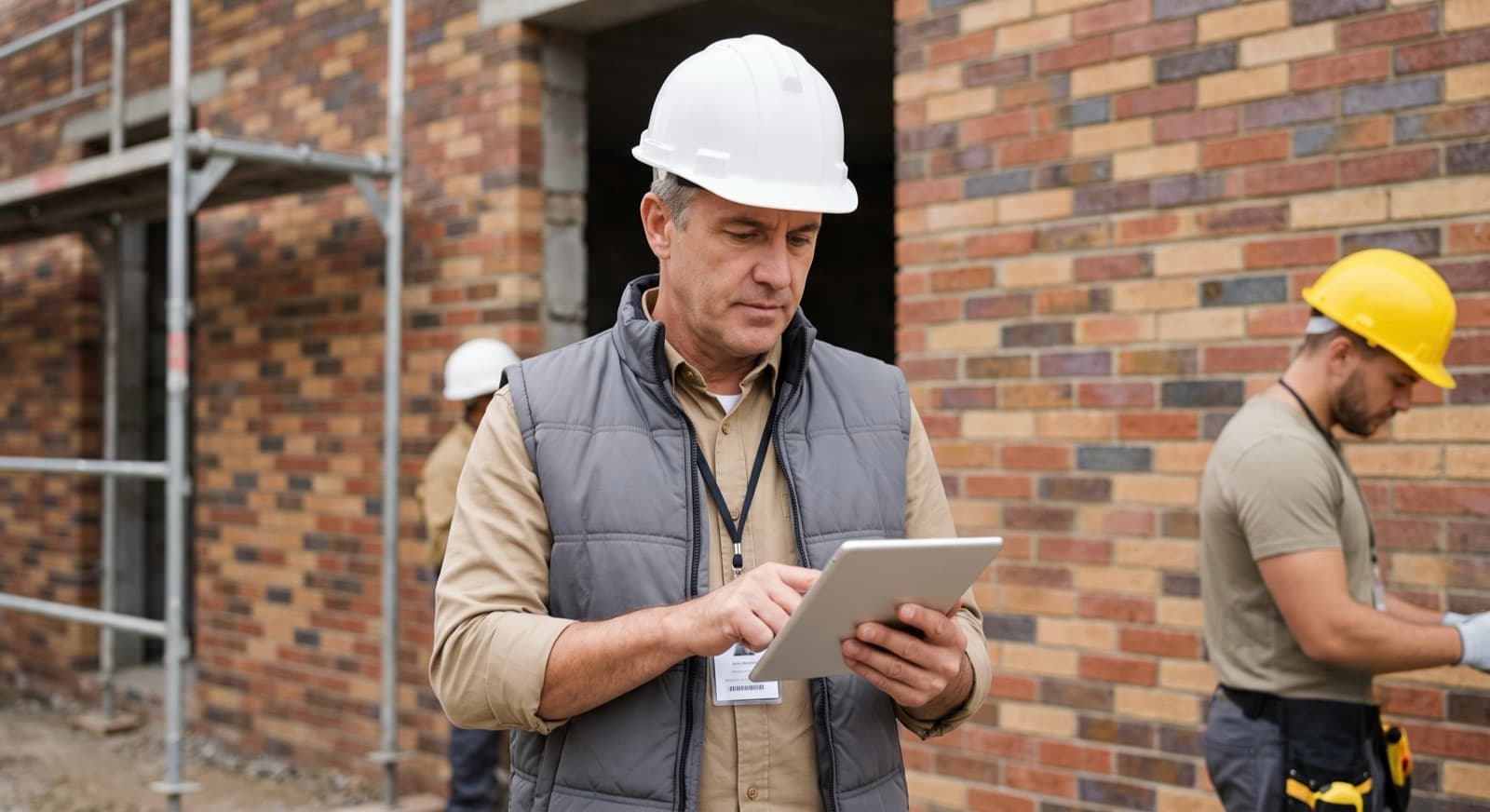 Contractor reviewing an unpaid job on a tablet at a California job site