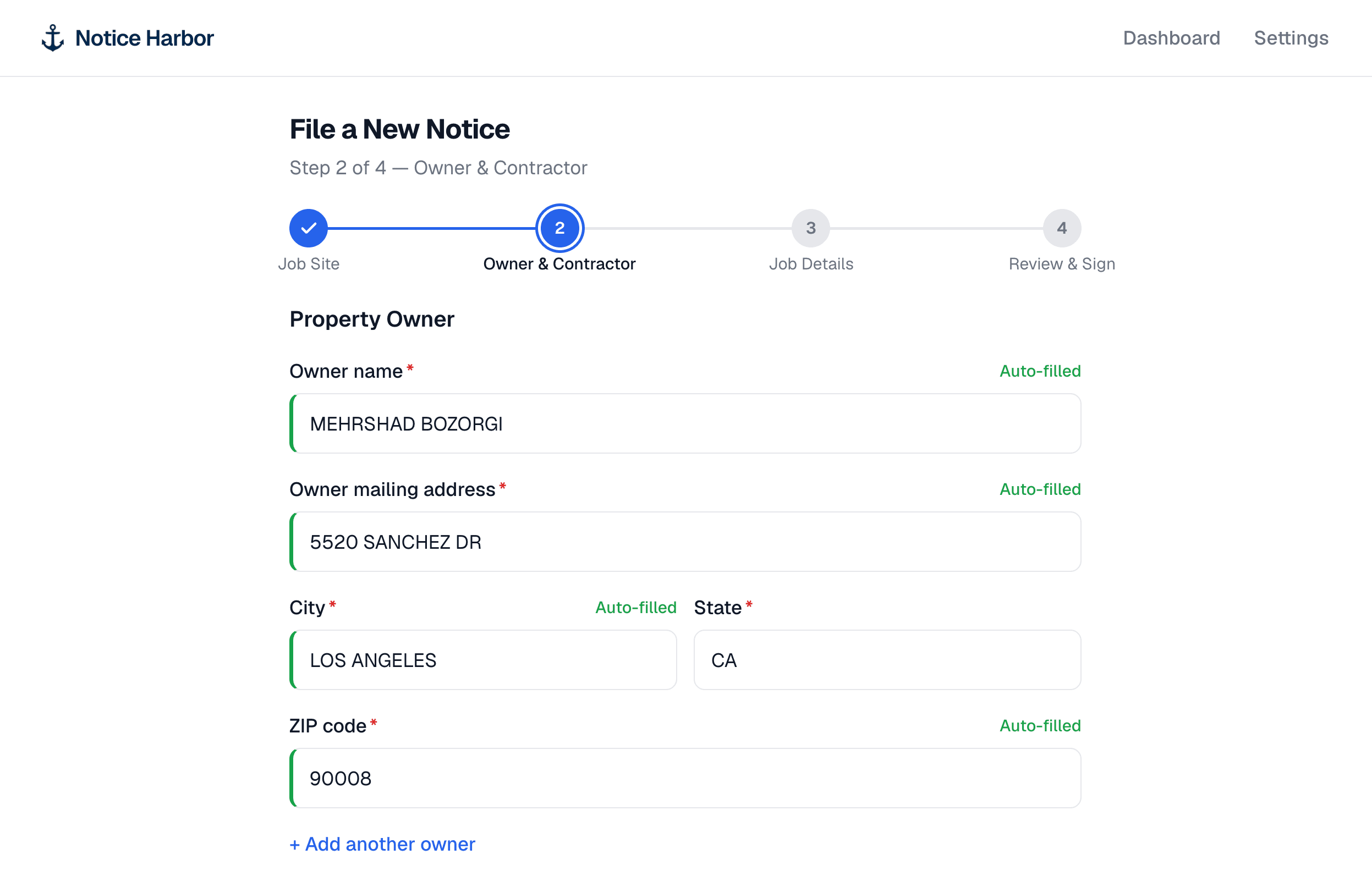 Preliminary notice form with auto-filled owner and lender